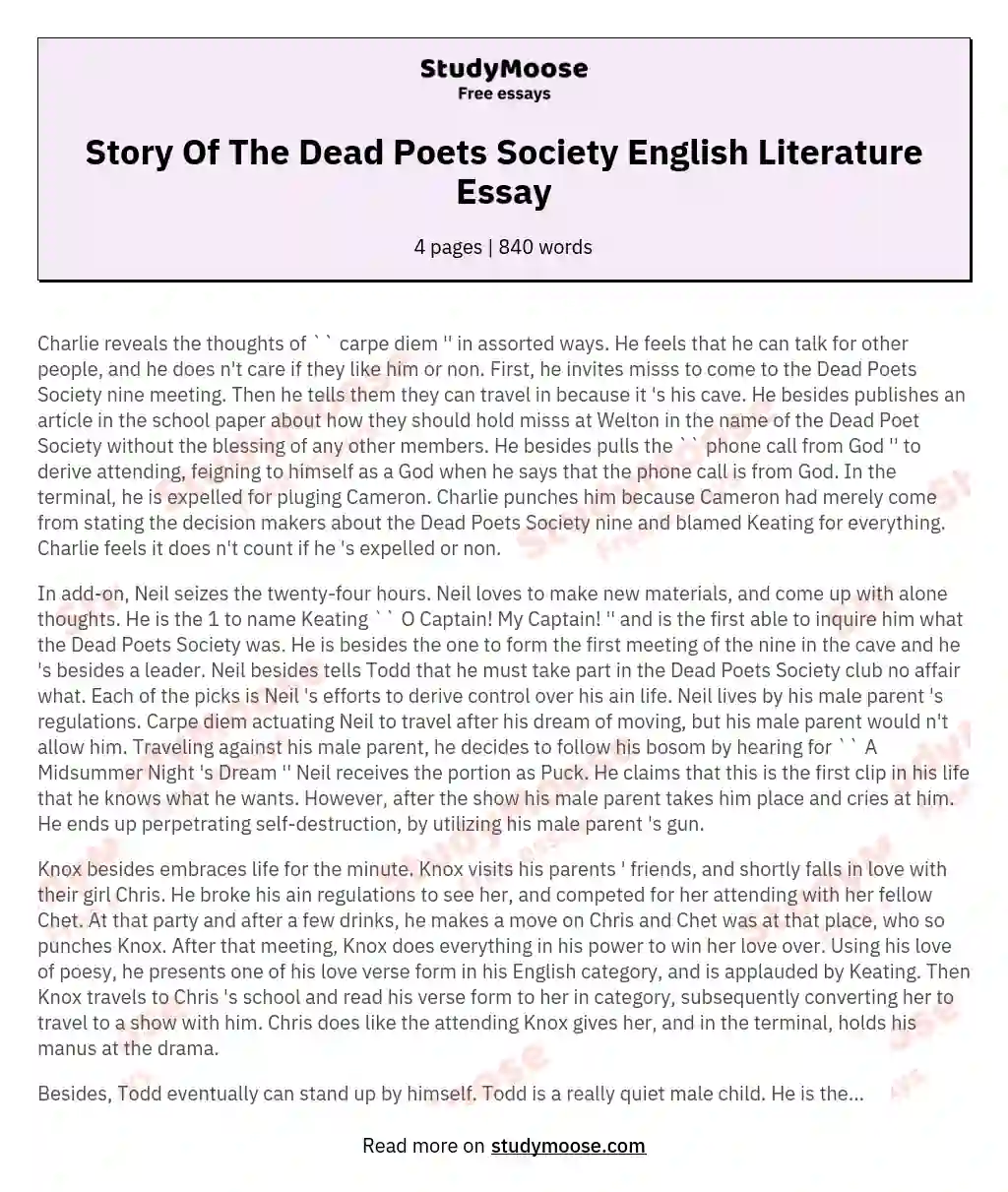 Story Of The Dead Poets Society English Literature Essay essay