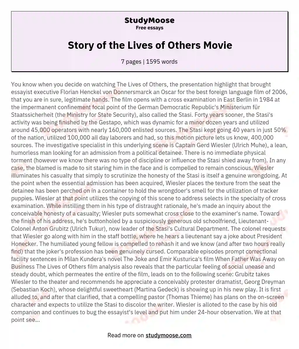 Story of the Lives of Others Movie essay
