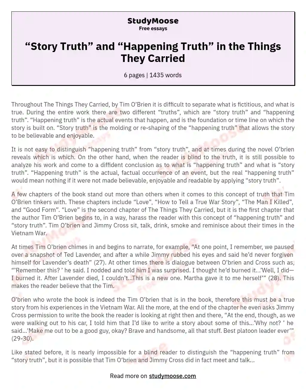 “Story Truth” and “Happening Truth” in the Things They Carried essay