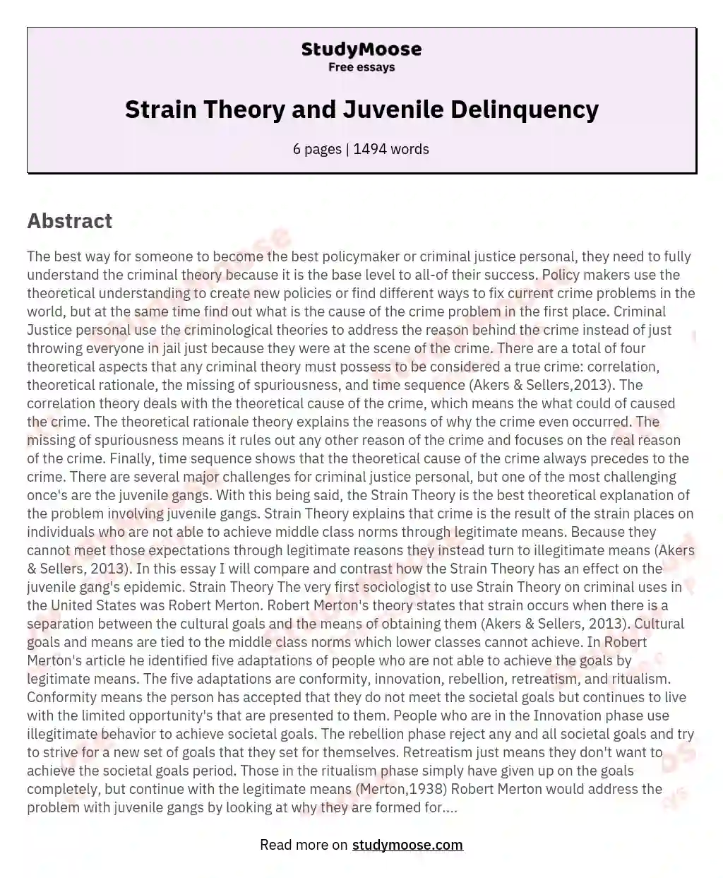 Strain Theory and Juvenile Delinquency essay