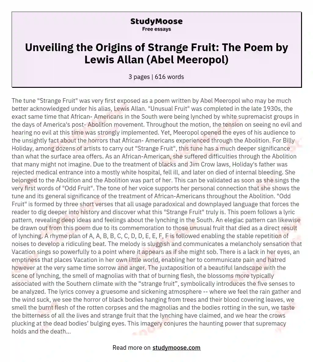 Unveiling the Origins of Strange Fruit: The Poem by Lewis Allan (Abel Meeropol) essay