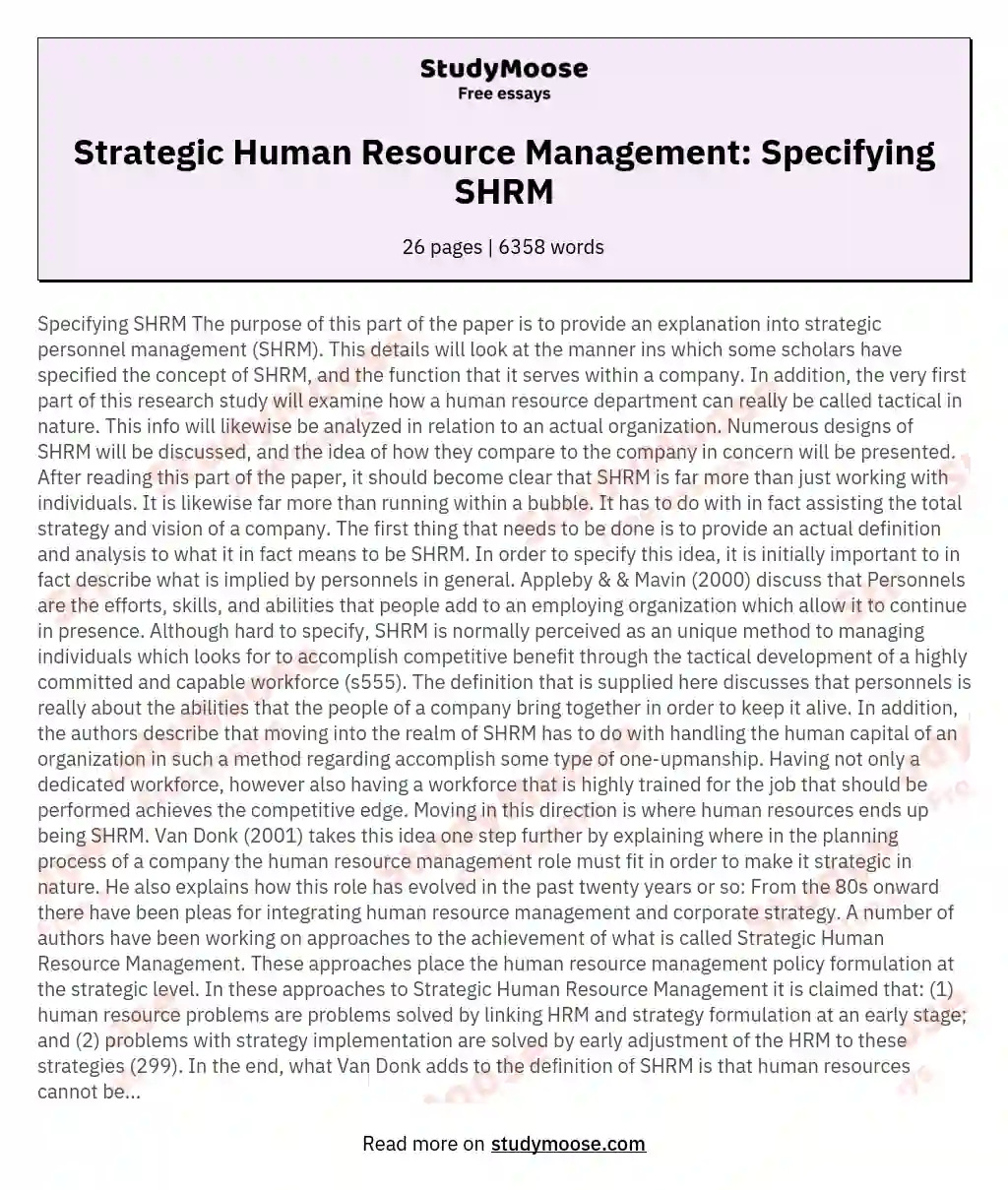 Strategic Human Resource Management: Specifying SHRM essay