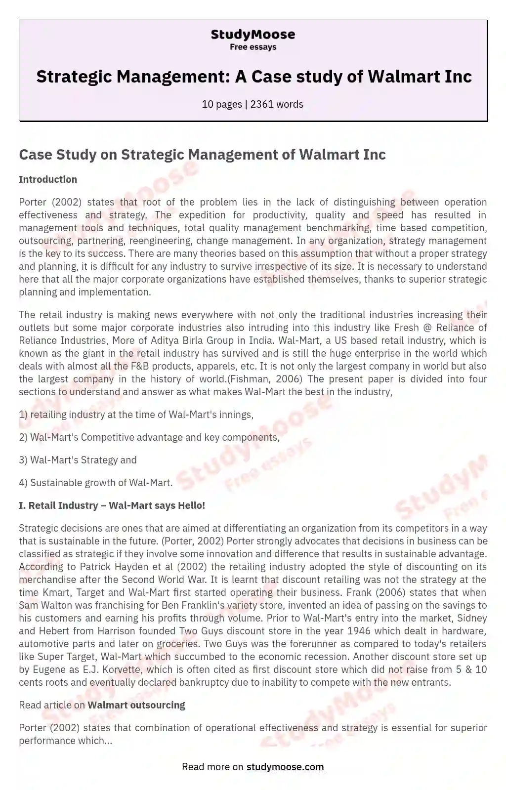 Strategic Management: A Case study of Walmart Inc essay