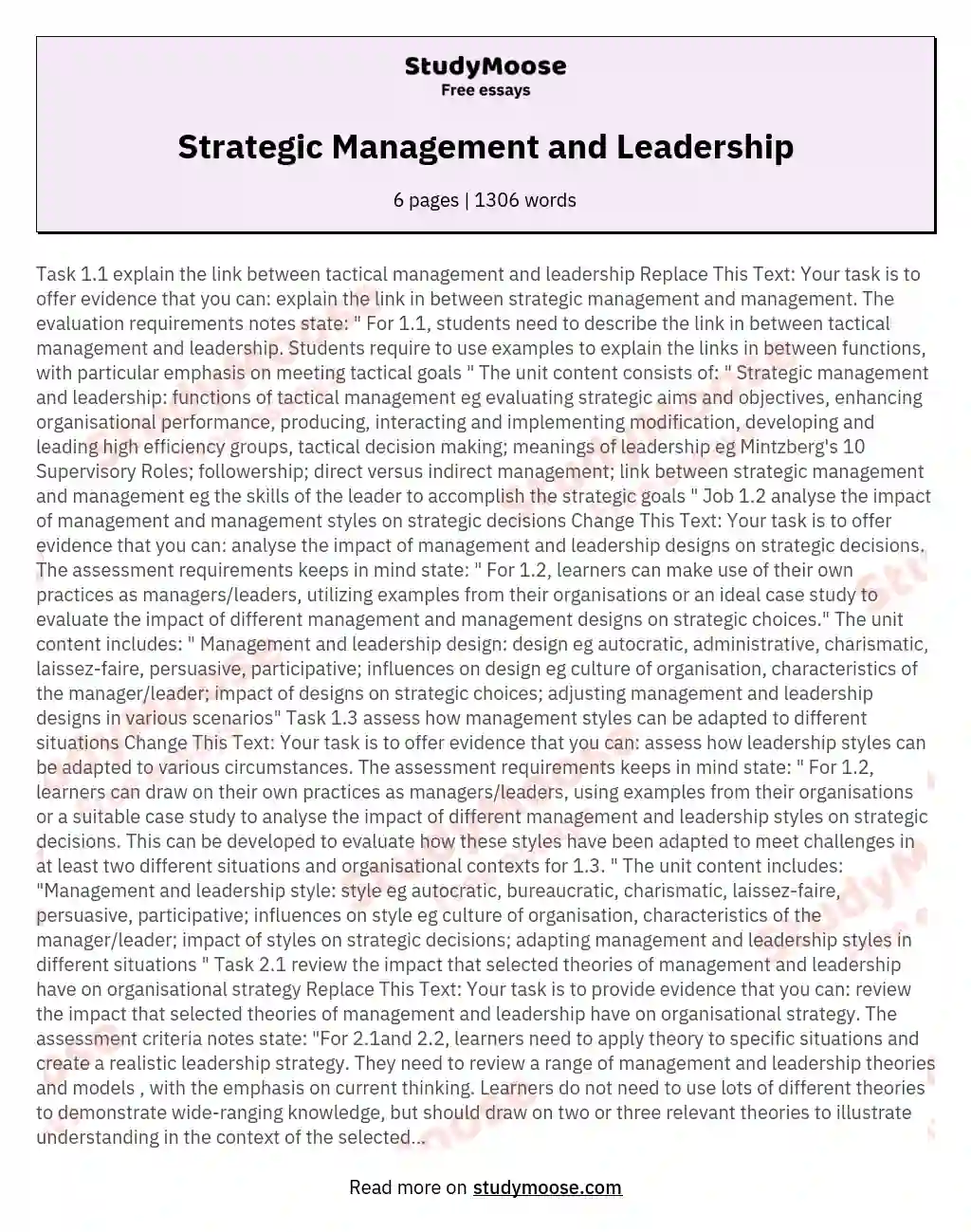 Strategic Management and Leadership essay