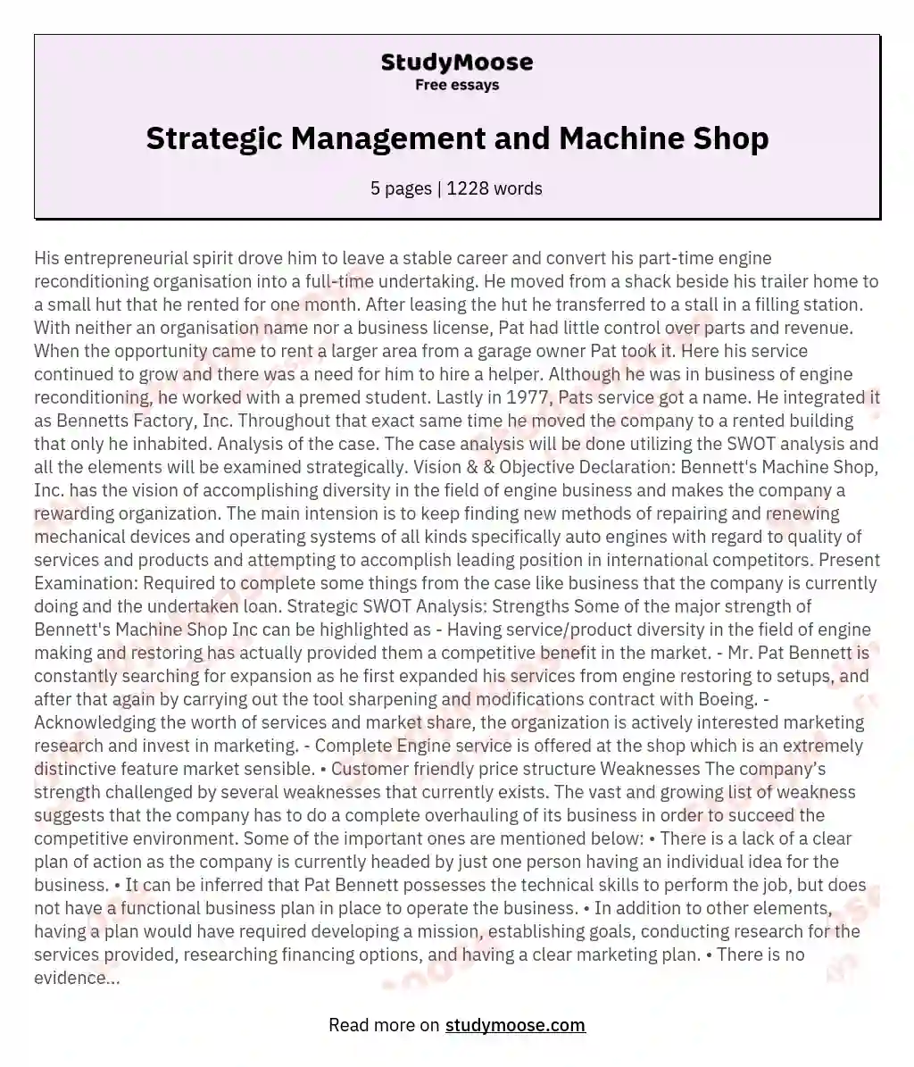 Strategic Management and Machine Shop essay