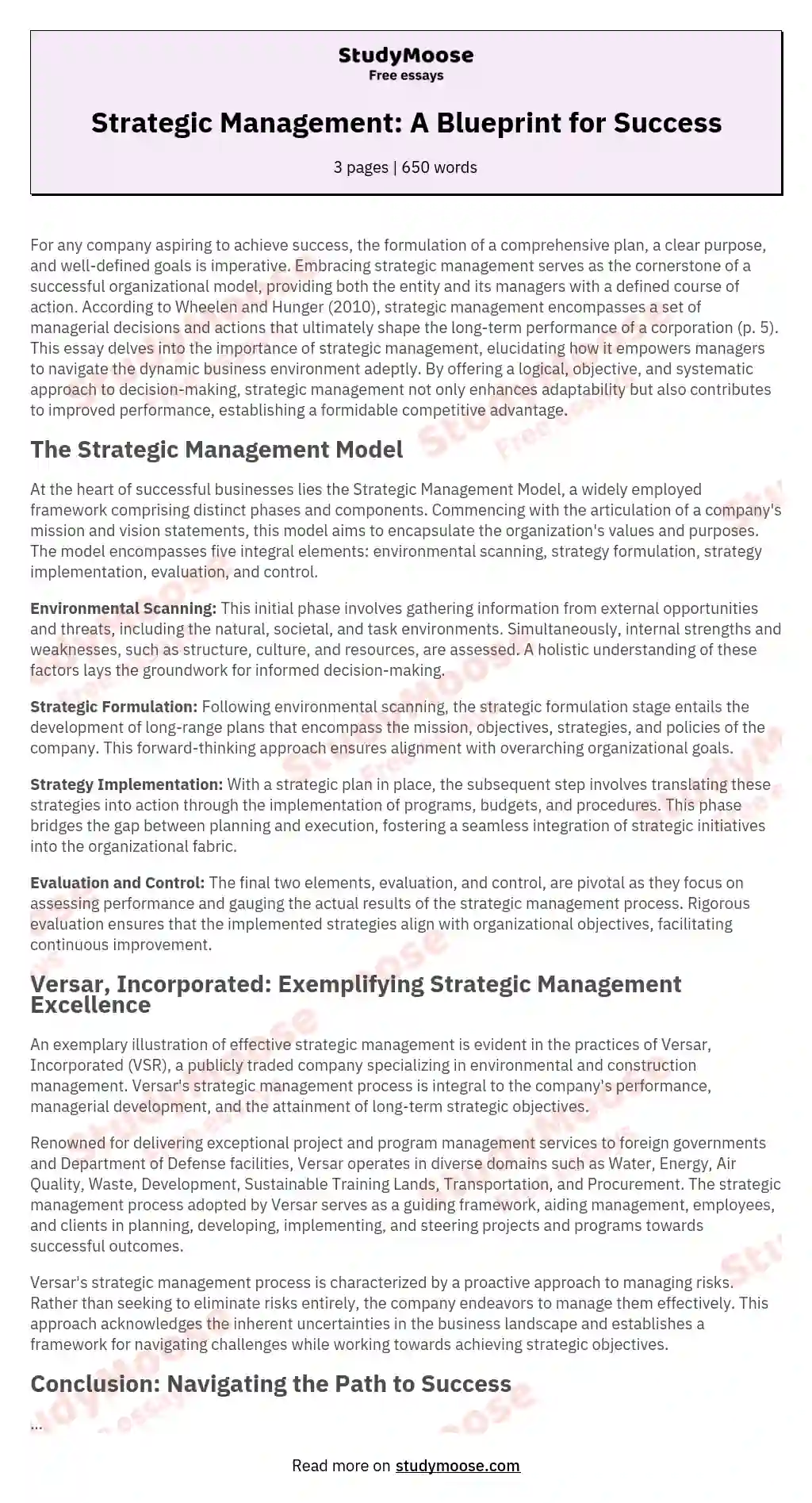 Strategic Management: A Blueprint for Success essay