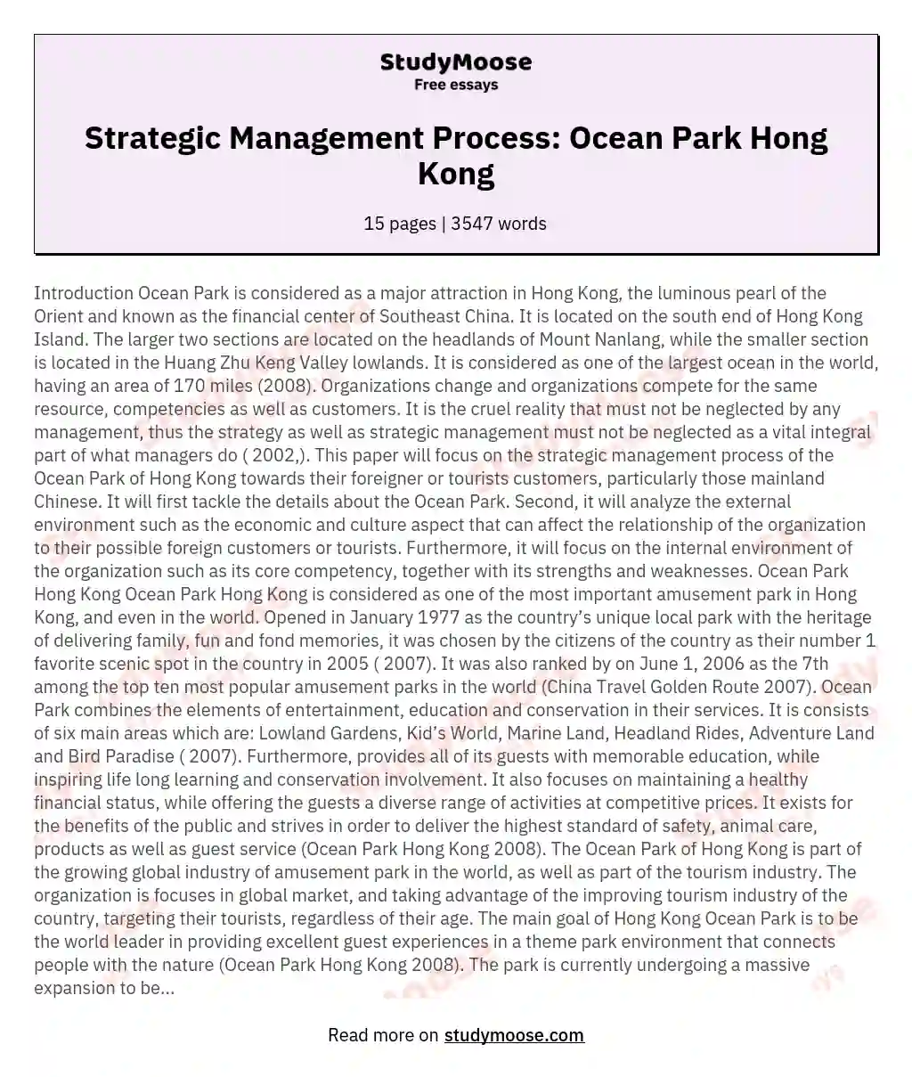 Strategic Management Process: Ocean Park Hong Kong