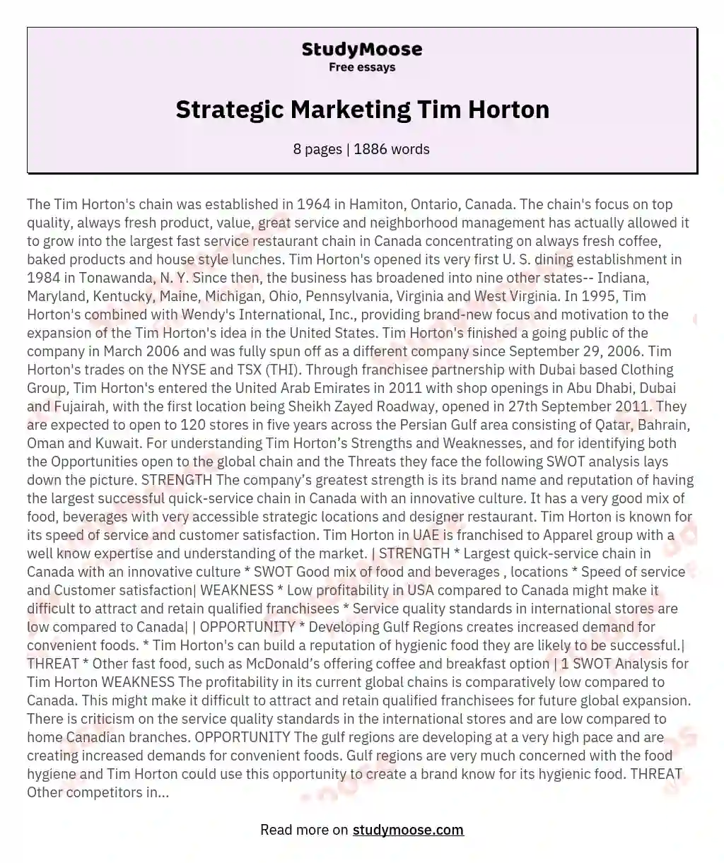 Strategic Marketing Tim Horton essay