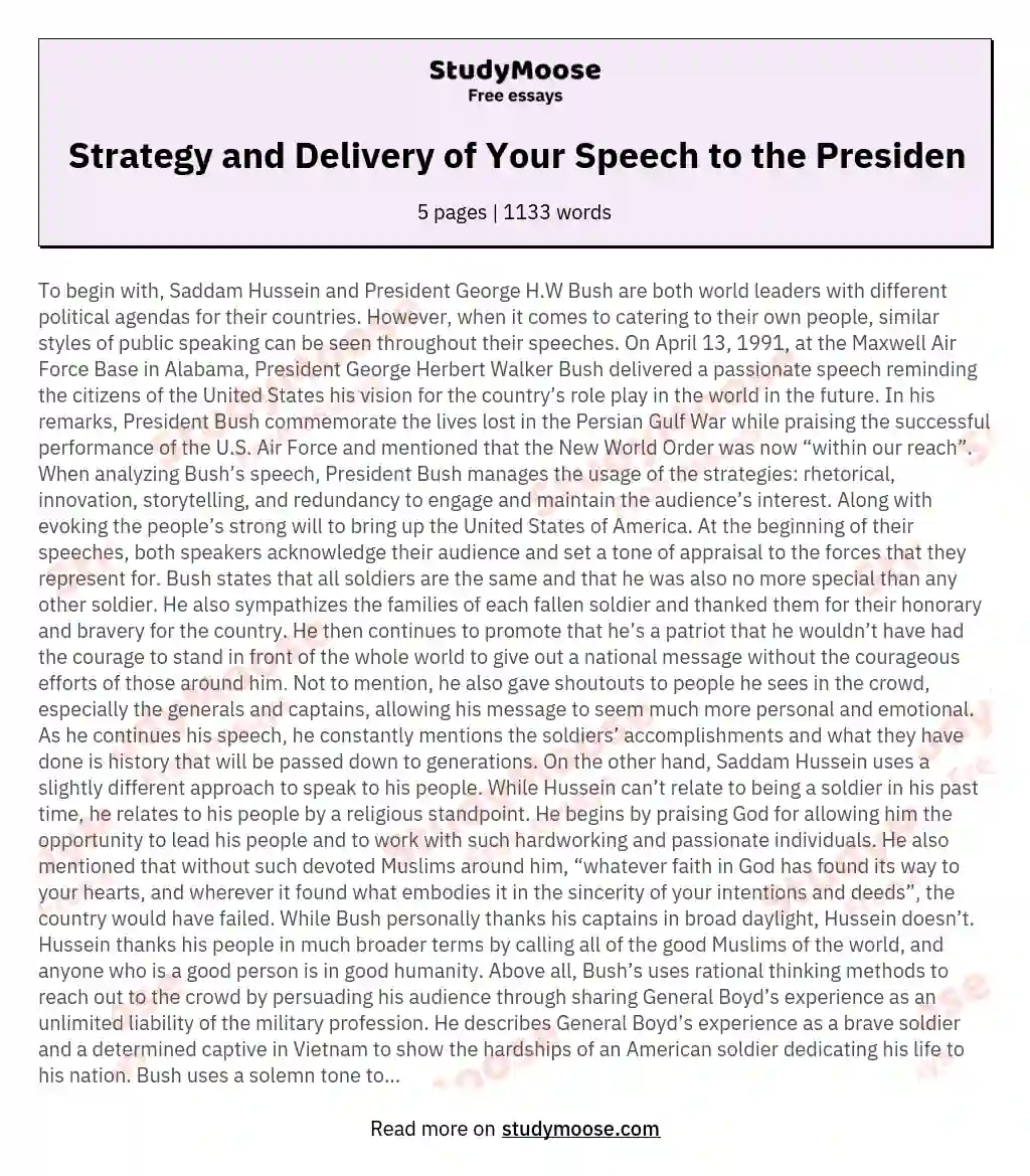 Strategy and Delivery of Your Speech to the Presiden essay