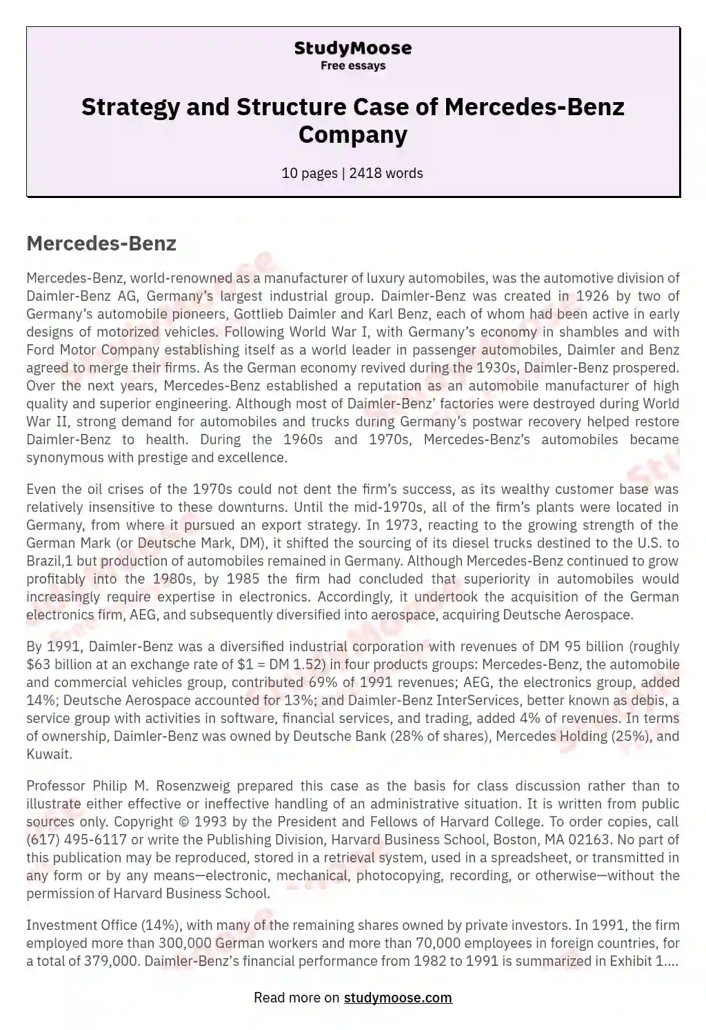 Strategy and Structure Case of Mercedes-Benz Company essay
