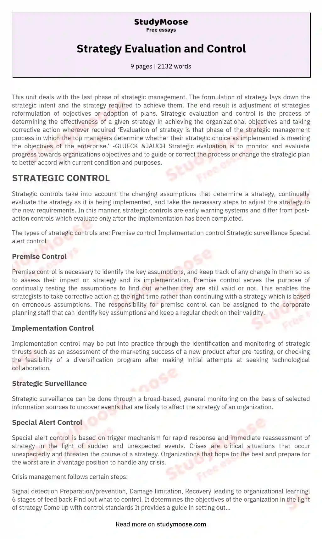 Strategy Evaluation and Control essay