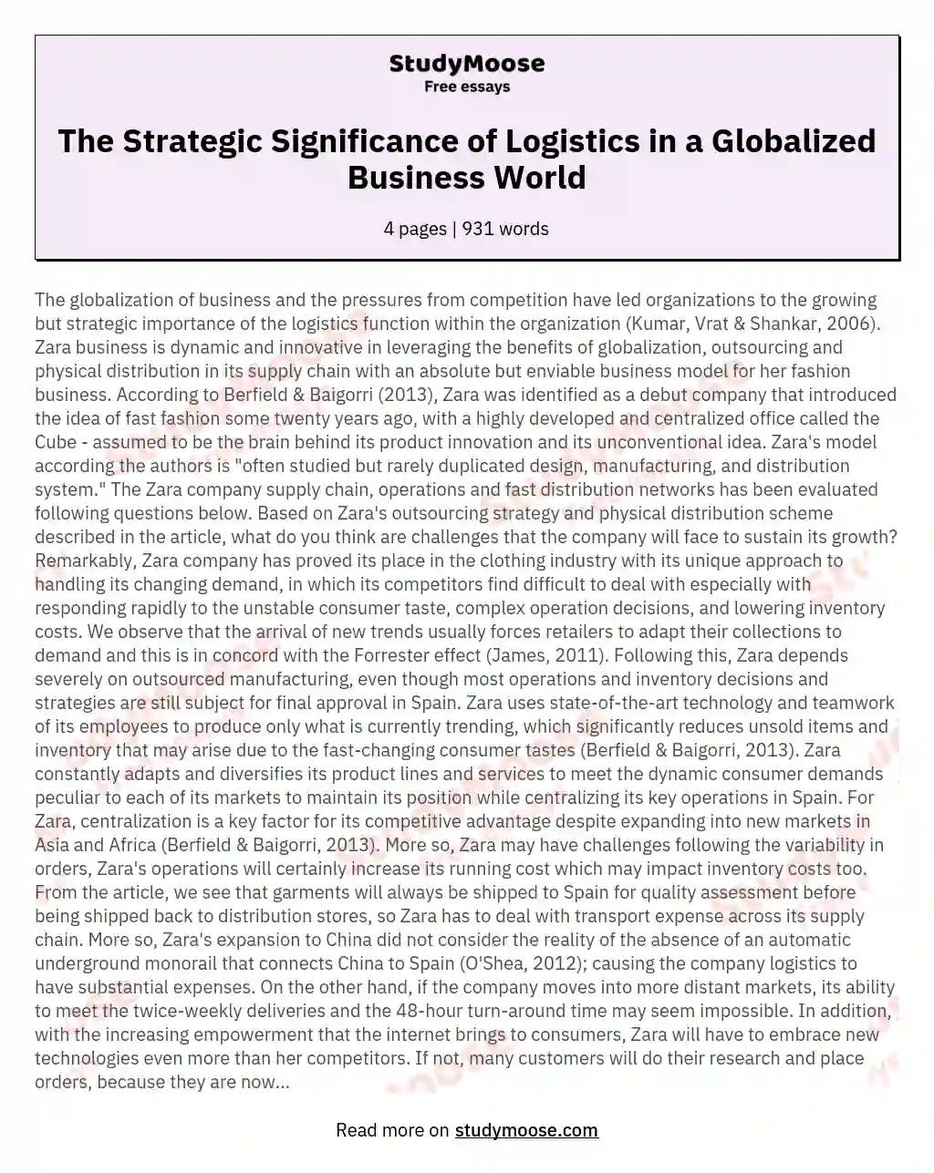 The Strategic Significance of Logistics in a Globalized Business World essay