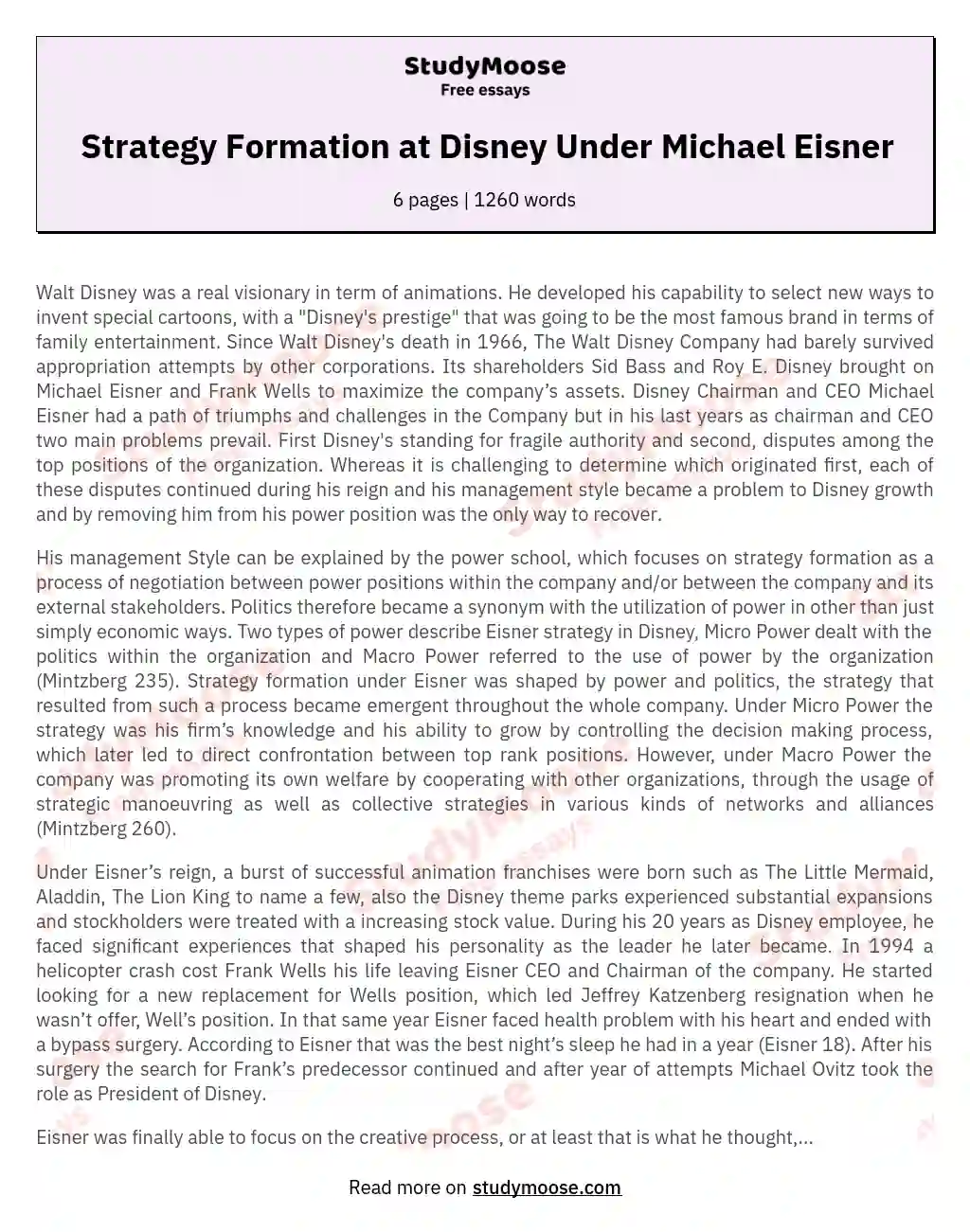 Strategy Formation at Disney Under Michael Eisner essay