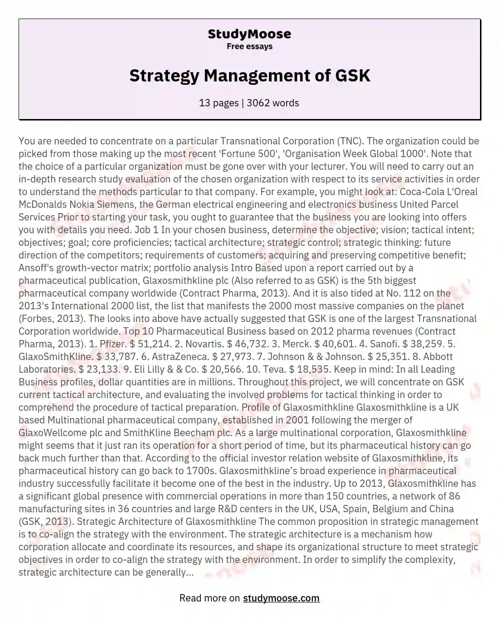Strategy Management of GSK essay