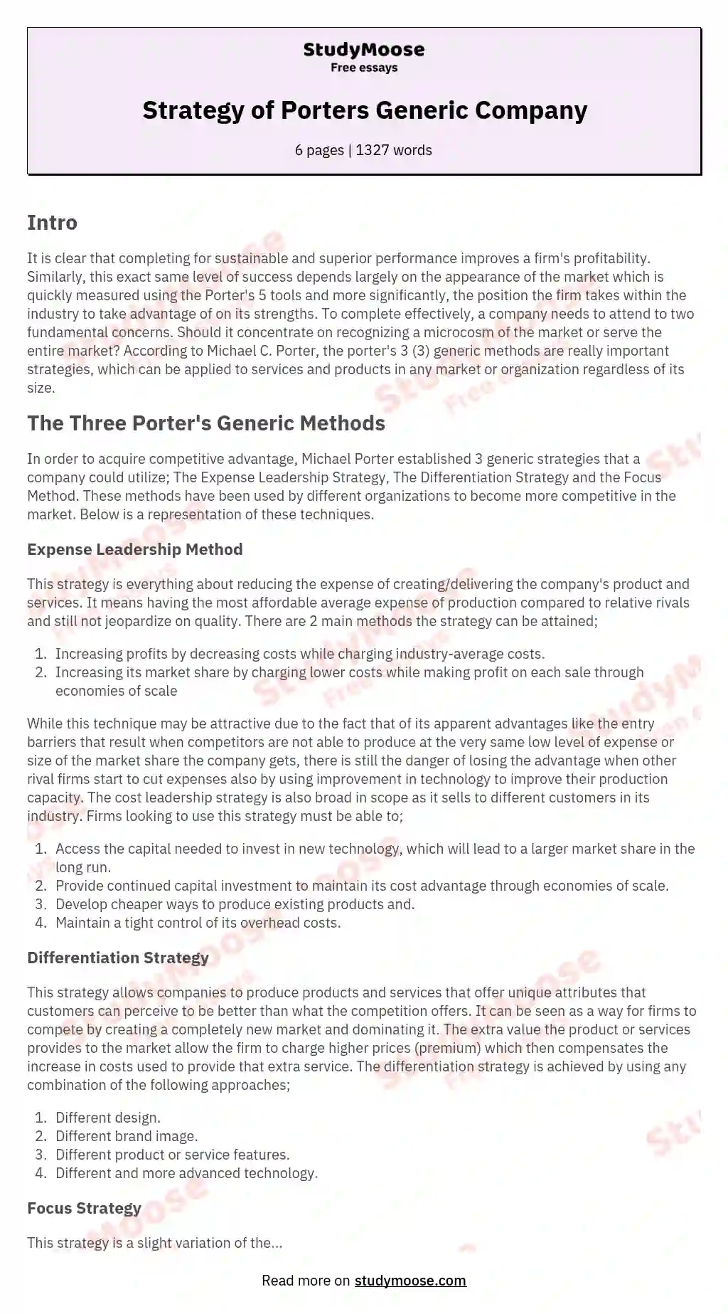 Strategy of Porters Generic Company essay