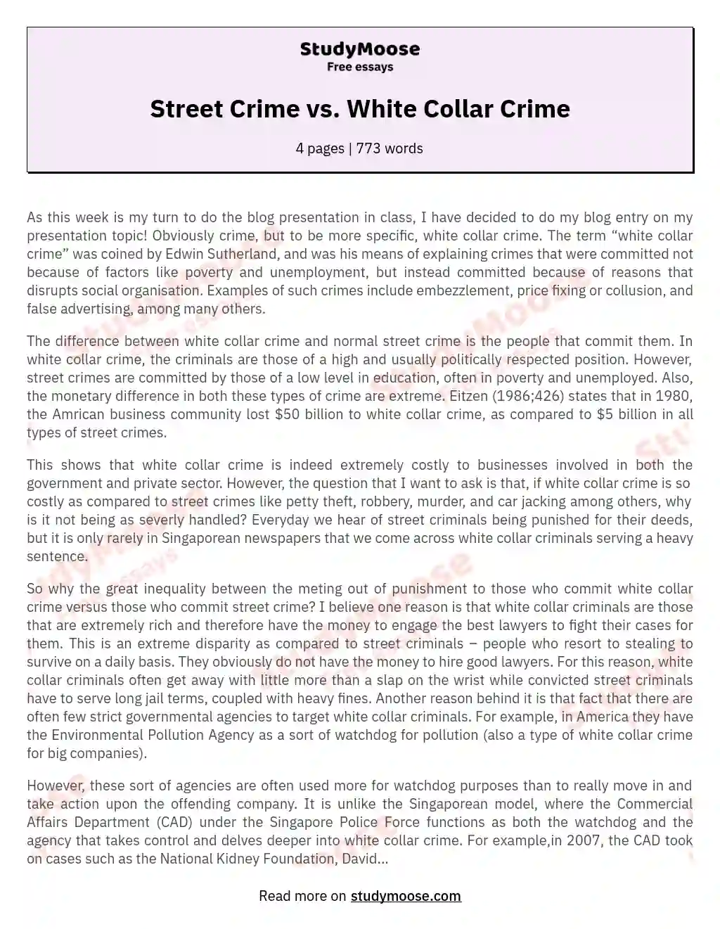 Street Crime vs. White Collar Crime essay