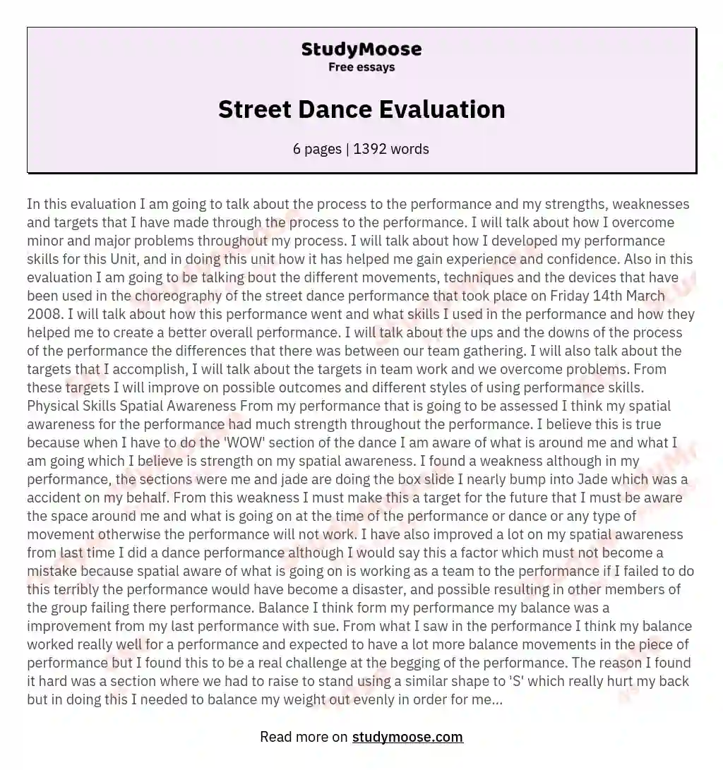 Street Dance Evaluation essay