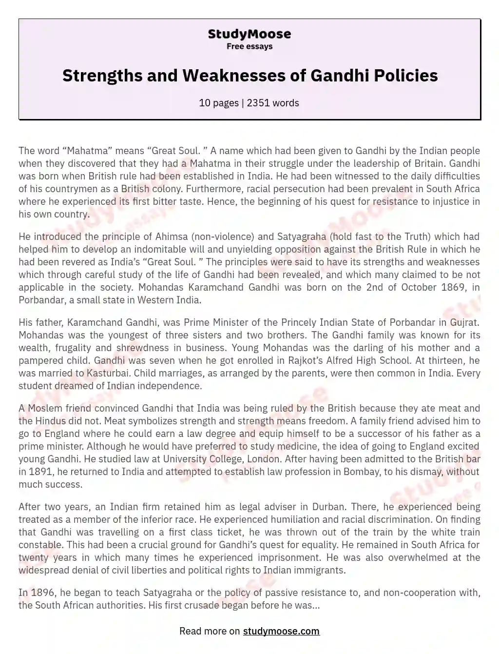 Strengths and Weaknesses of Gandhi Policies essay