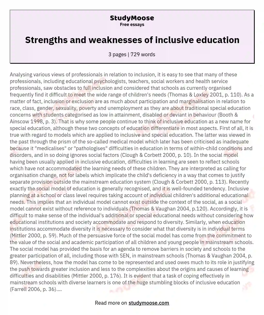 Strengths and weaknesses of inclusive education essay