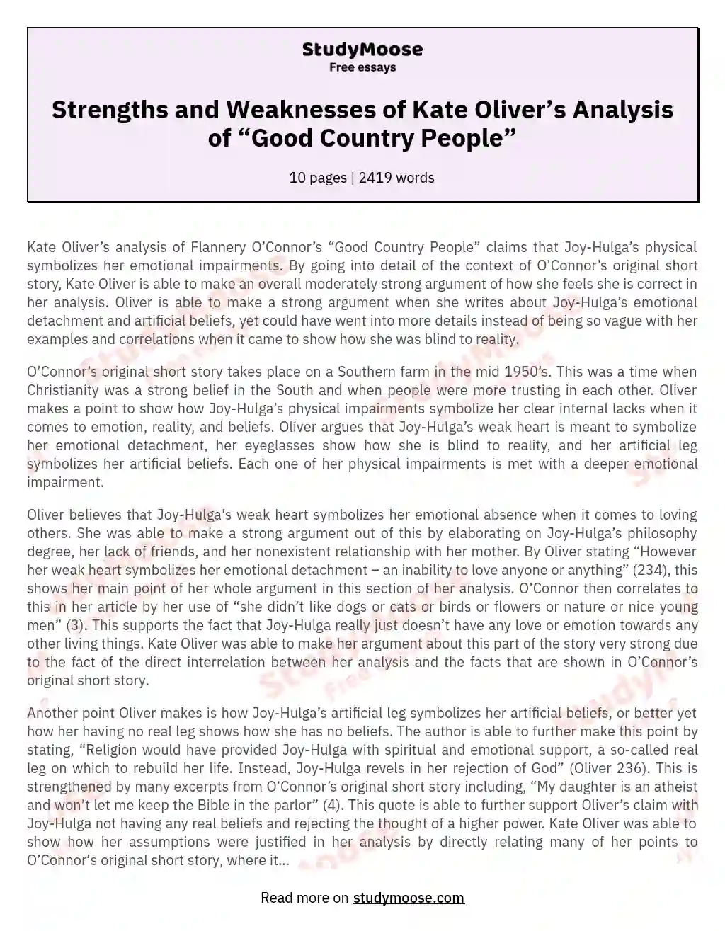 Strengths and Weaknesses of Kate Oliver’s Analysis of “Good Country People” essay