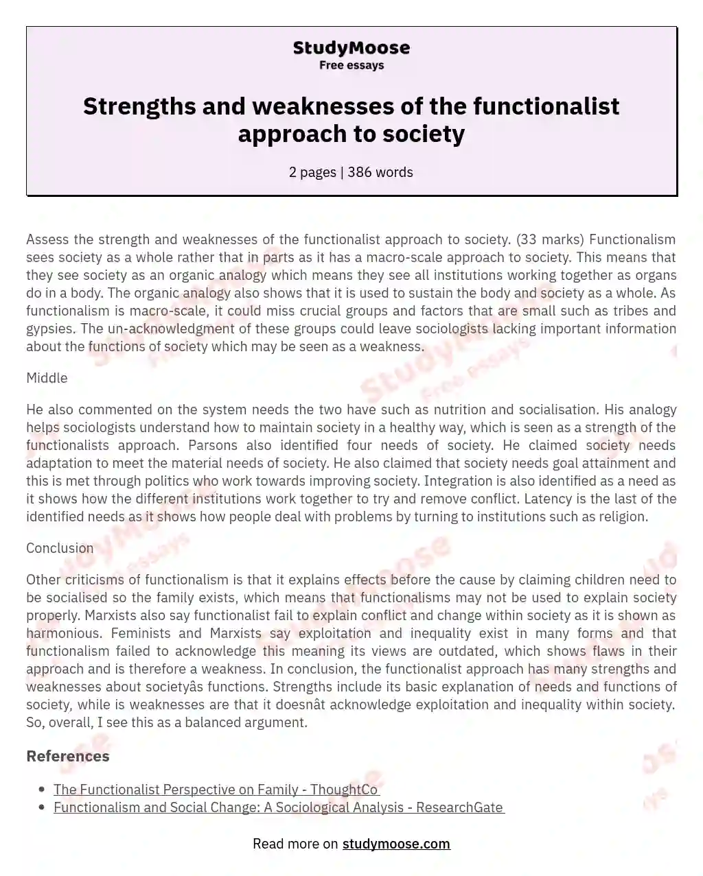 Strengths and weaknesses of the functionalist approach to society essay
