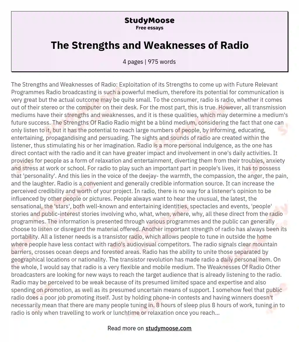 The Strengths and Weaknesses of Radio essay