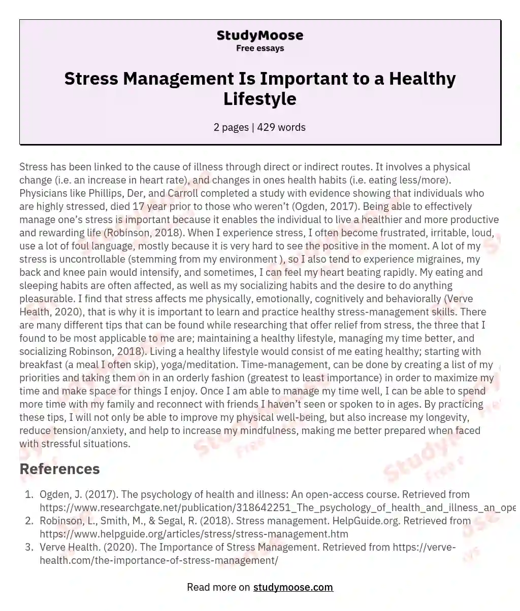 Stress Management Is Important to a Healthy Lifestyle essay