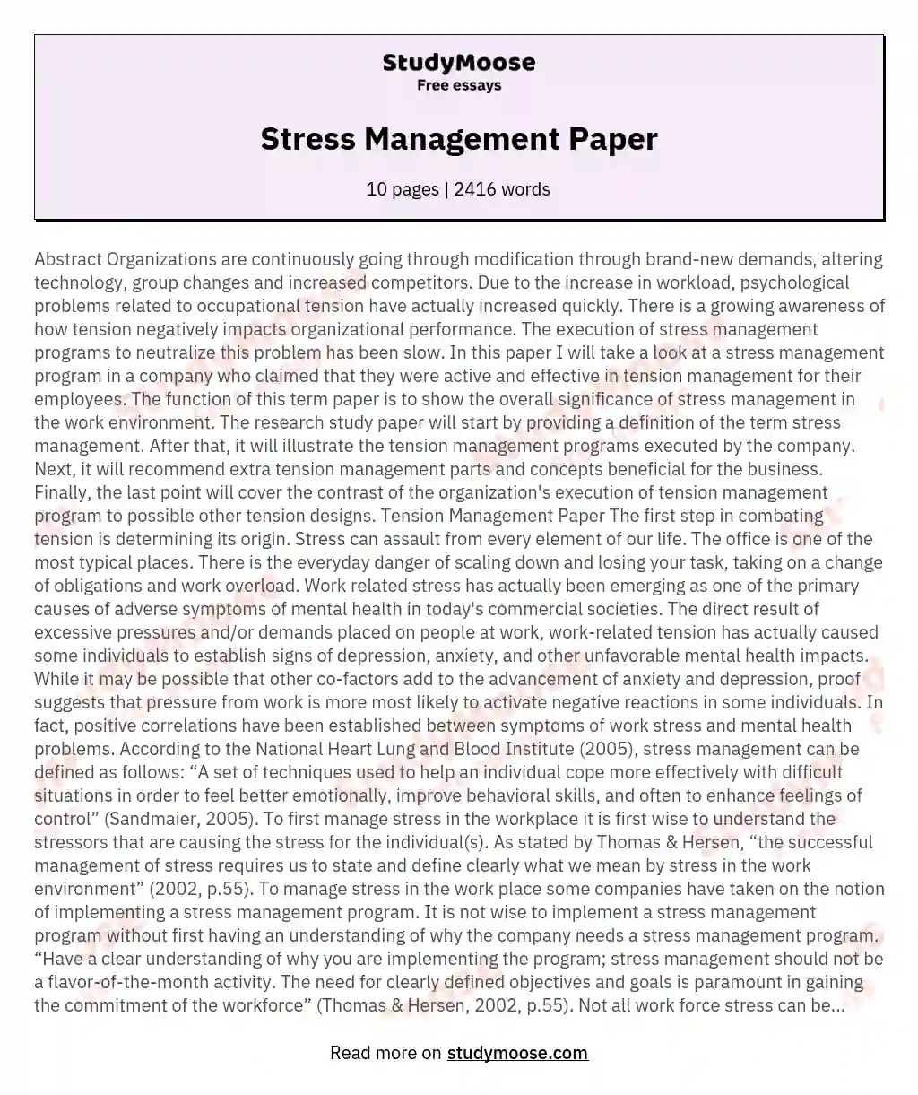 Stress Management Paper essay