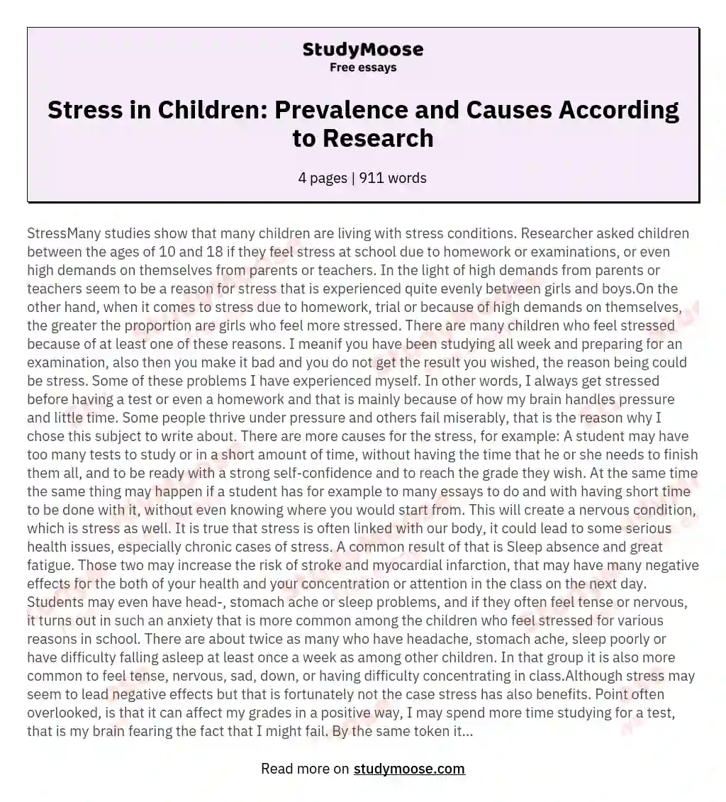Stress in Children: Prevalence and Causes According to Research essay