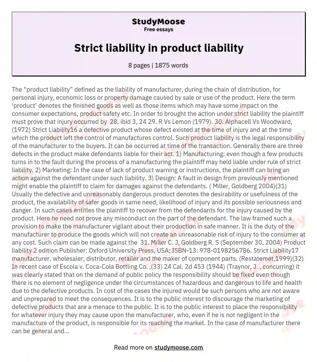 Strict liability in product liability essay