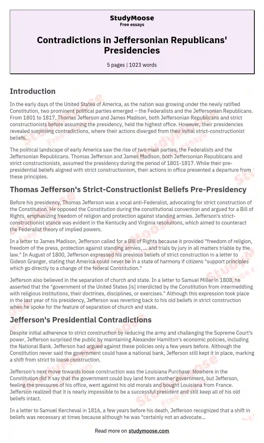 Contradictions in Jeffersonian Republicans' Presidencies essay