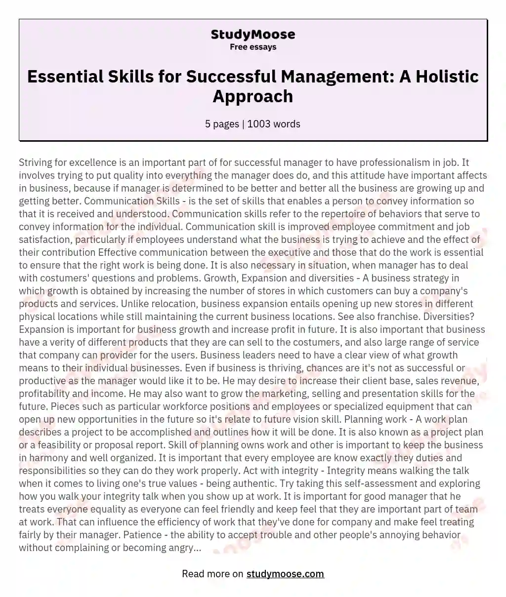 Essential Skills for Successful Management: A Holistic Approach essay