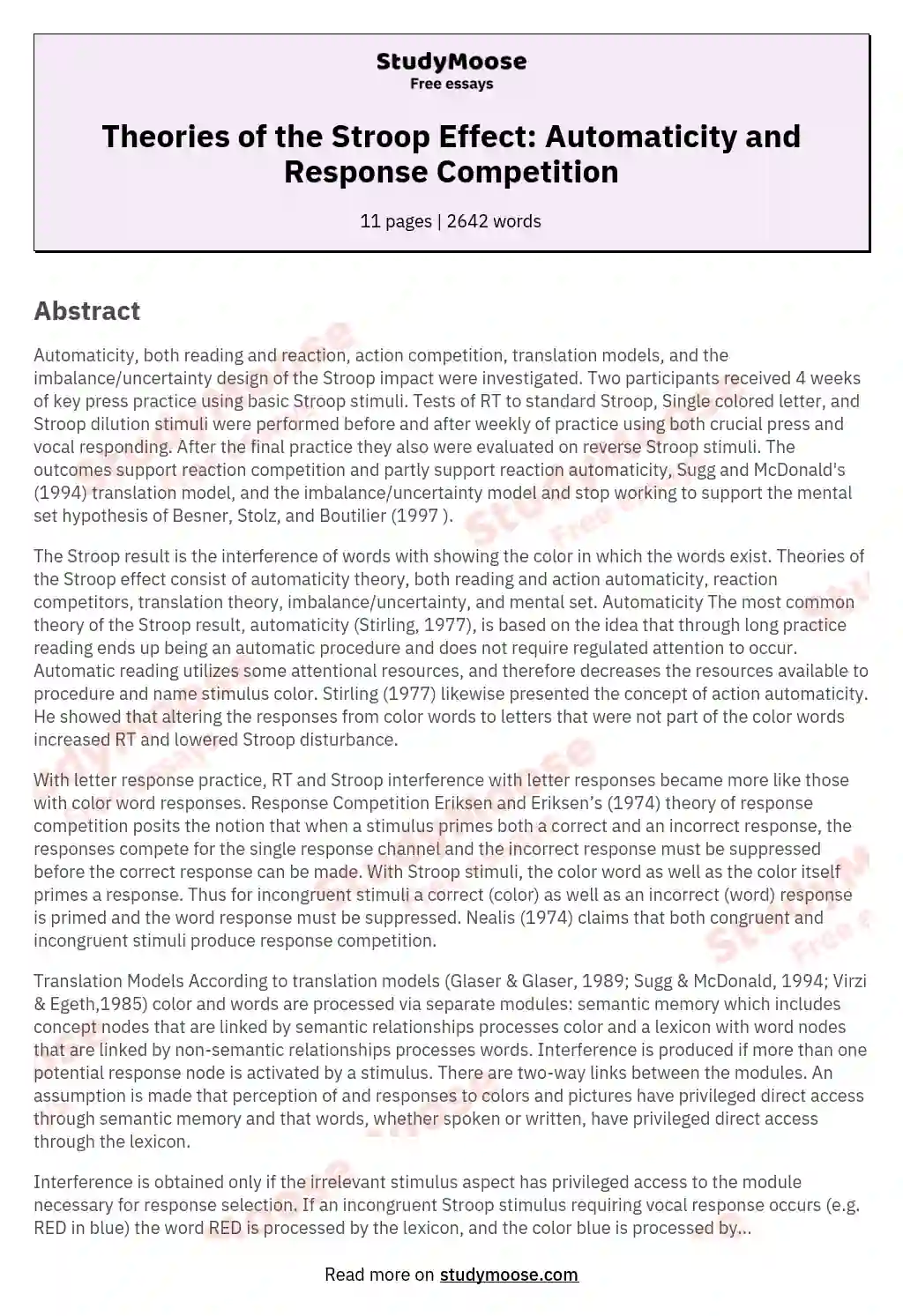 Theories of the Stroop Effect: Automaticity and Response Competition essay