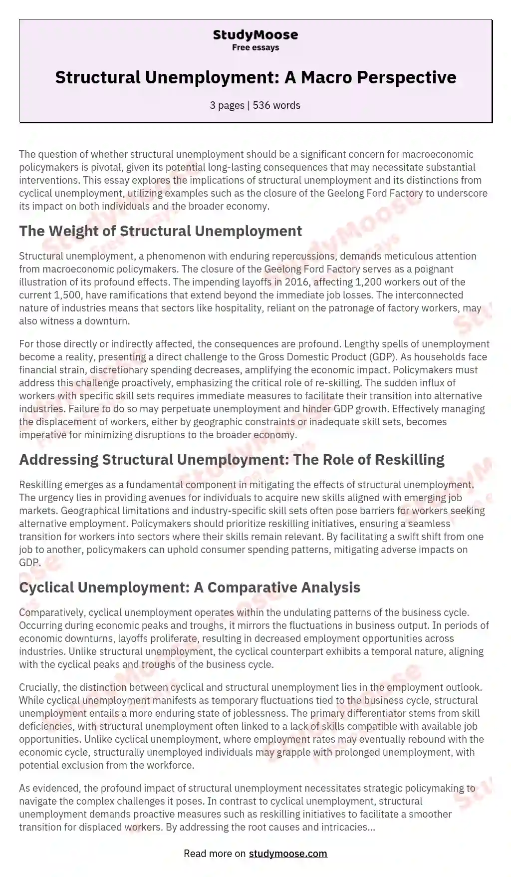 Structural Unemployment: A Macro Perspective essay
