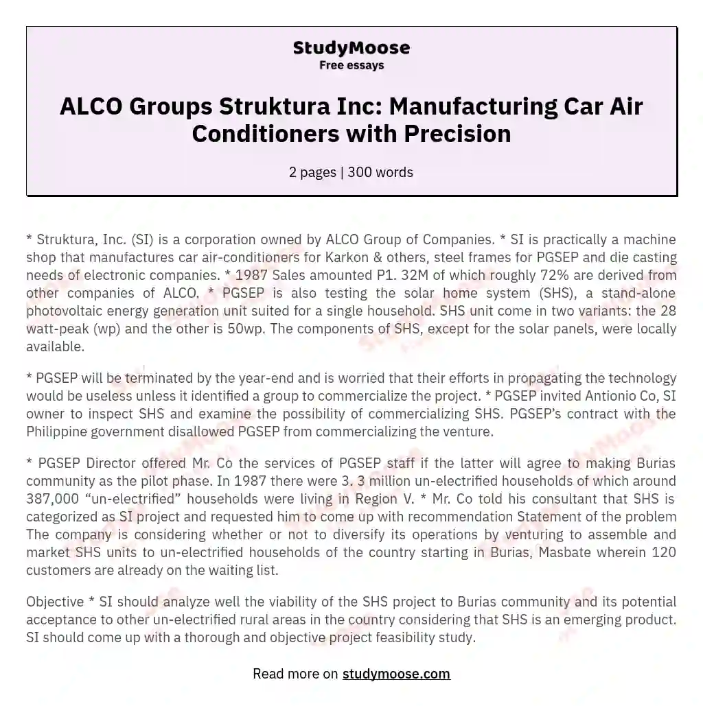 ALCO Groups Struktura Inc: Manufacturing Car Air Conditioners with Precision essay