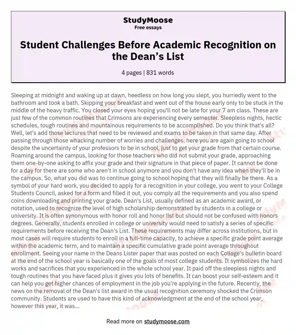 Student Challenges Before Academic Recognition on the Dean’s List essay