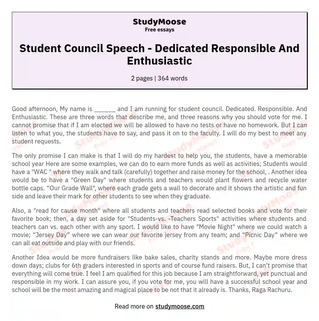 Student Council Speech - Dedicated Responsible And Enthusiastic essay