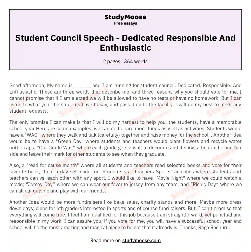 Student Council Speech Dedicated Responsible And Enthusiastic Free 