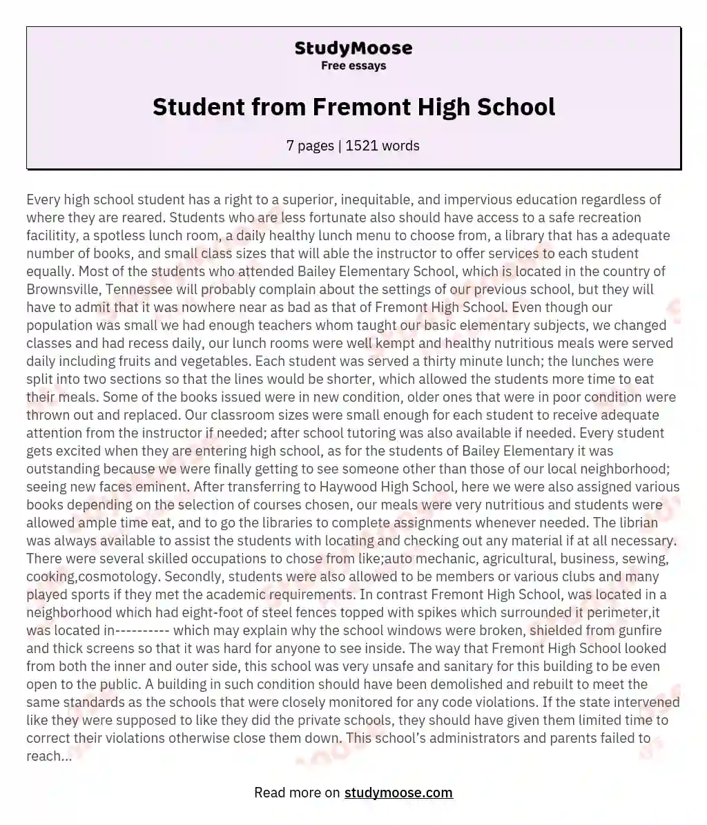 Student from Fremont High School essay