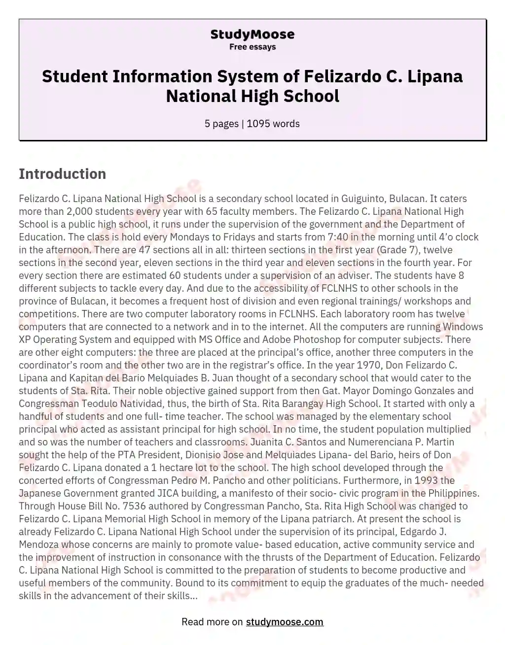 Student Information System of Felizardo C. Lipana National High School