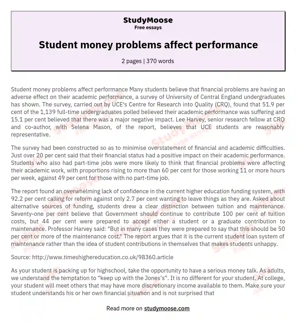 Student money problems affect performance essay