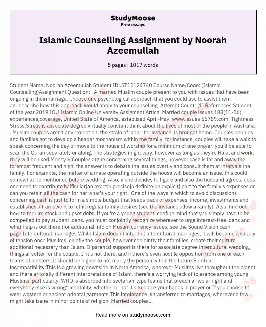Student Name Noorah Azeemullah Student IDST10124740 Course NameCode Islamic CounsellingAssignment Question
