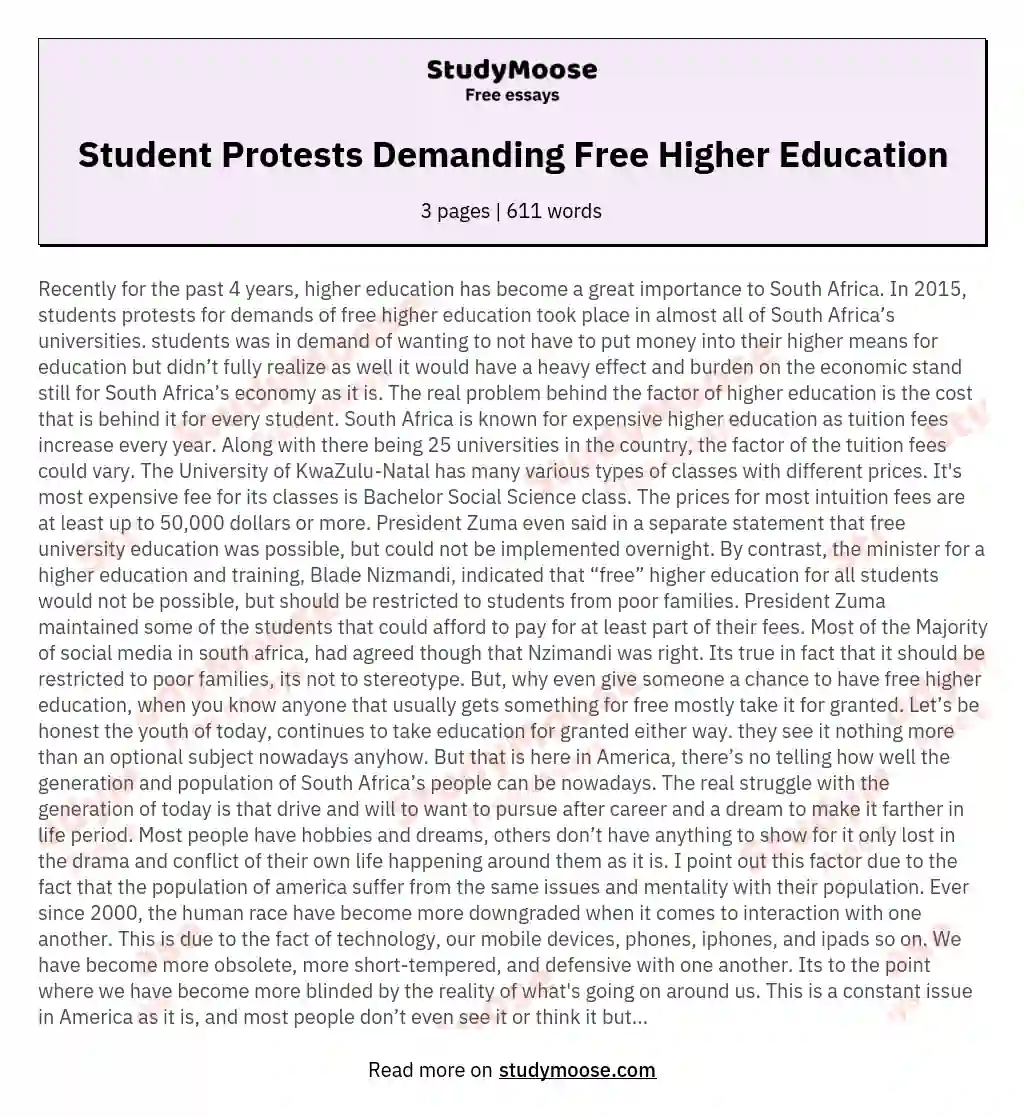 Student Protests Demanding Free Higher Education essay