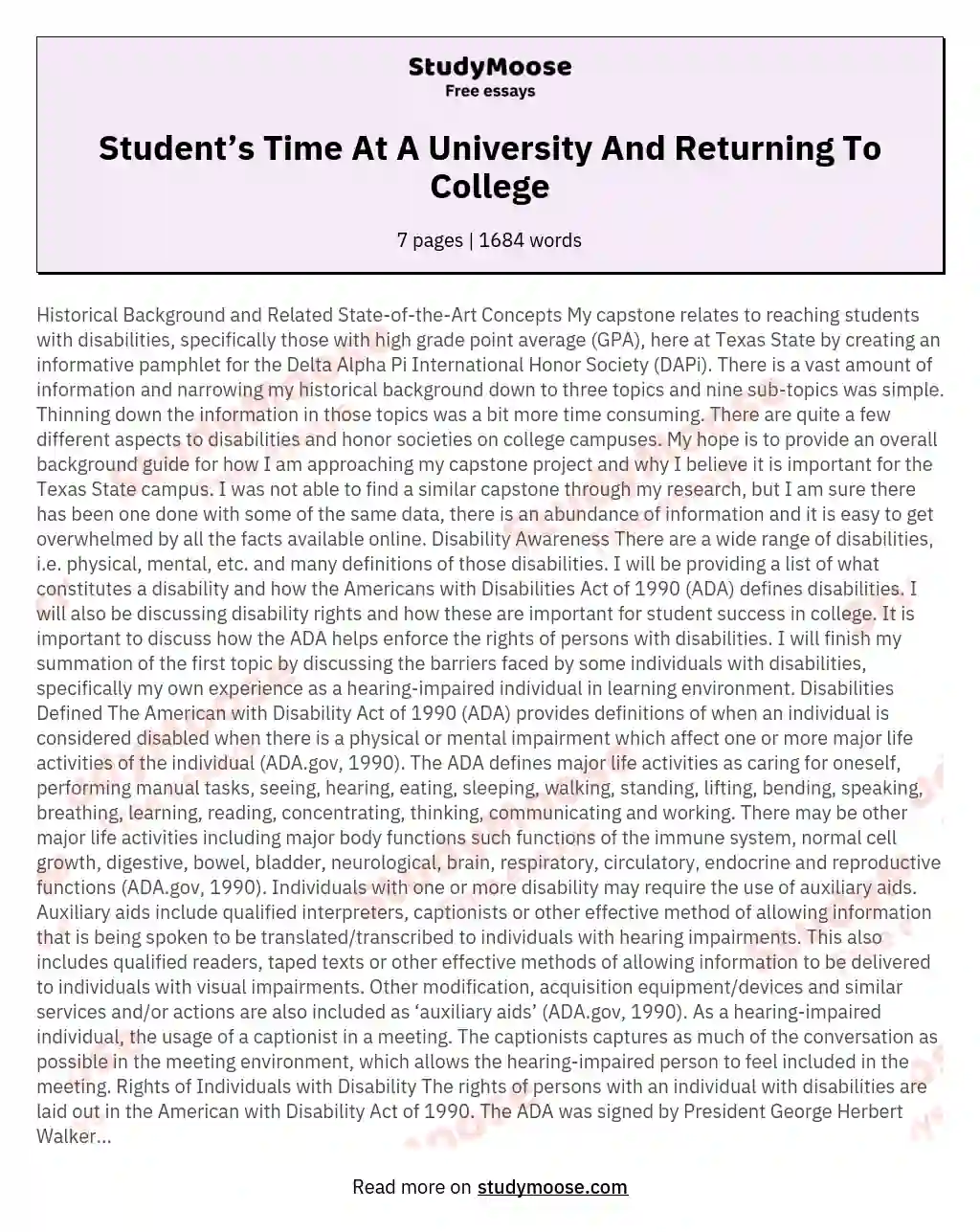 Student’s Time At A University And Returning To College essay