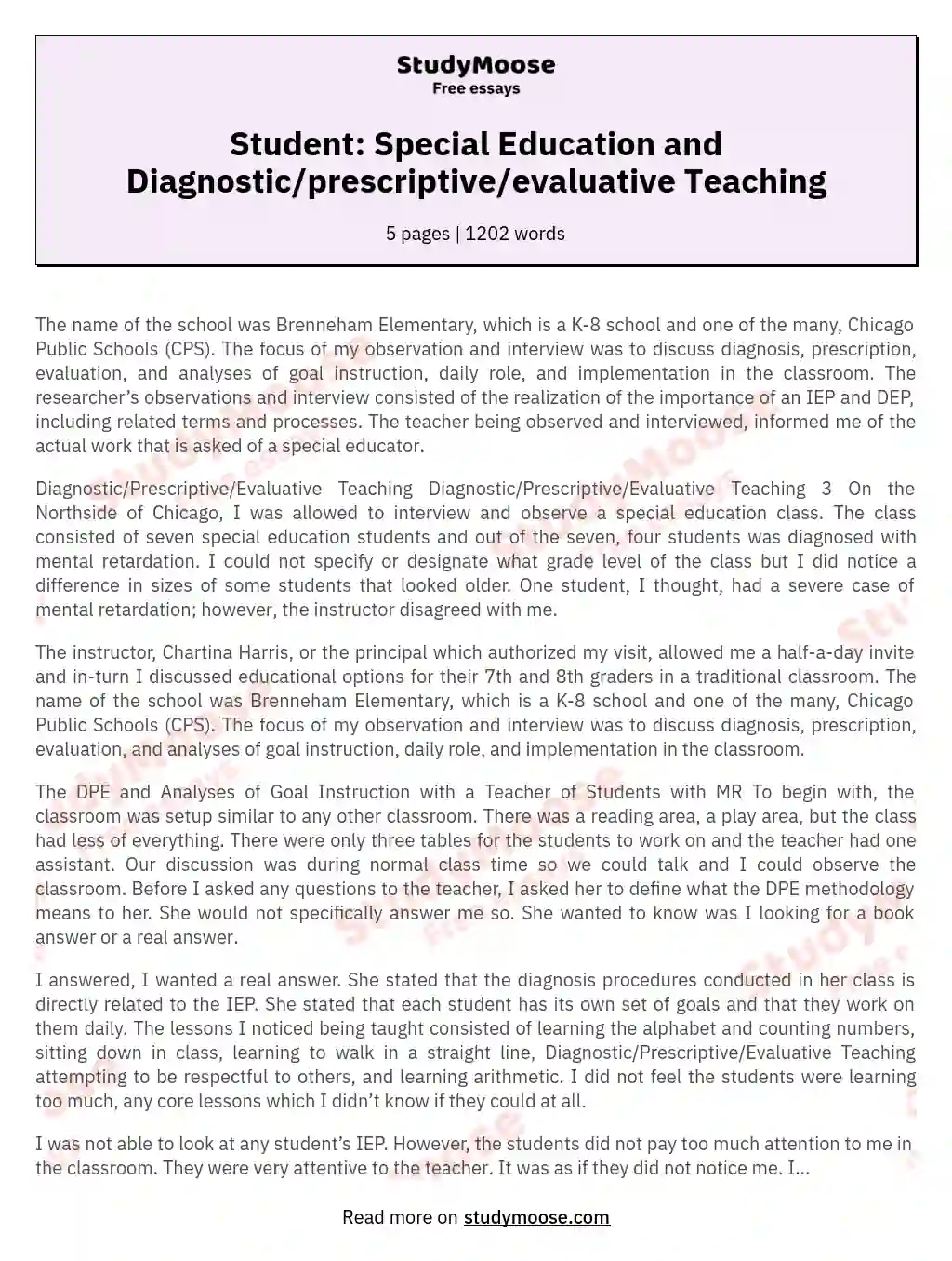 Student: Special Education and Diagnostic/prescriptive/evaluative Teaching