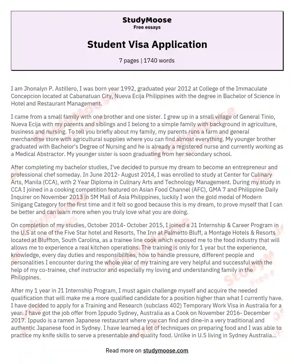 student visa essay sample
