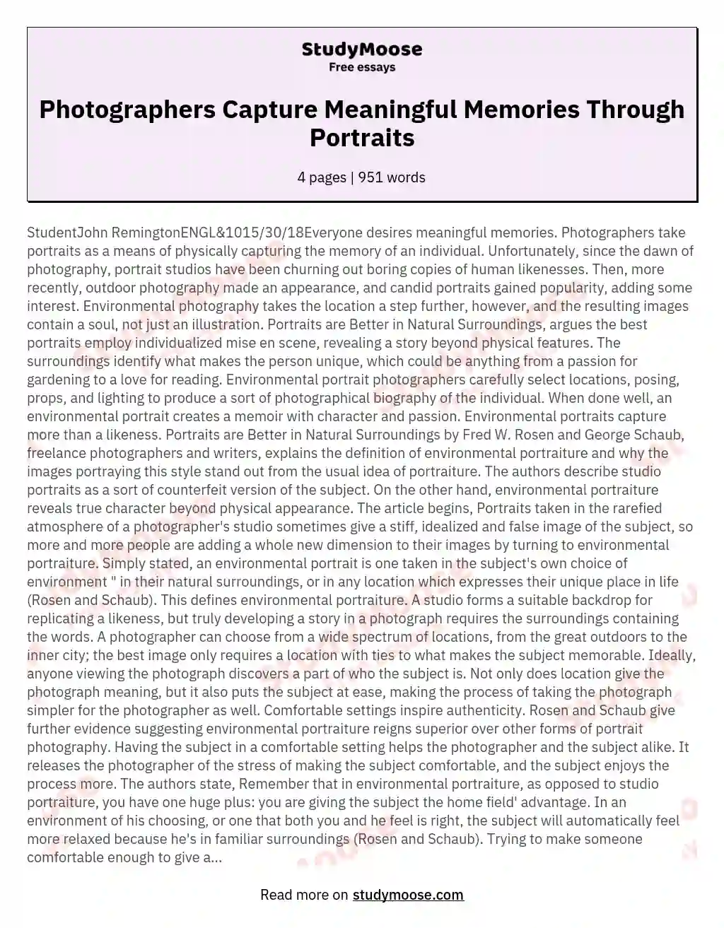 StudentJohn RemingtonENGL10153018Everyone desires meaningful memories Photographers take portraits as a means of