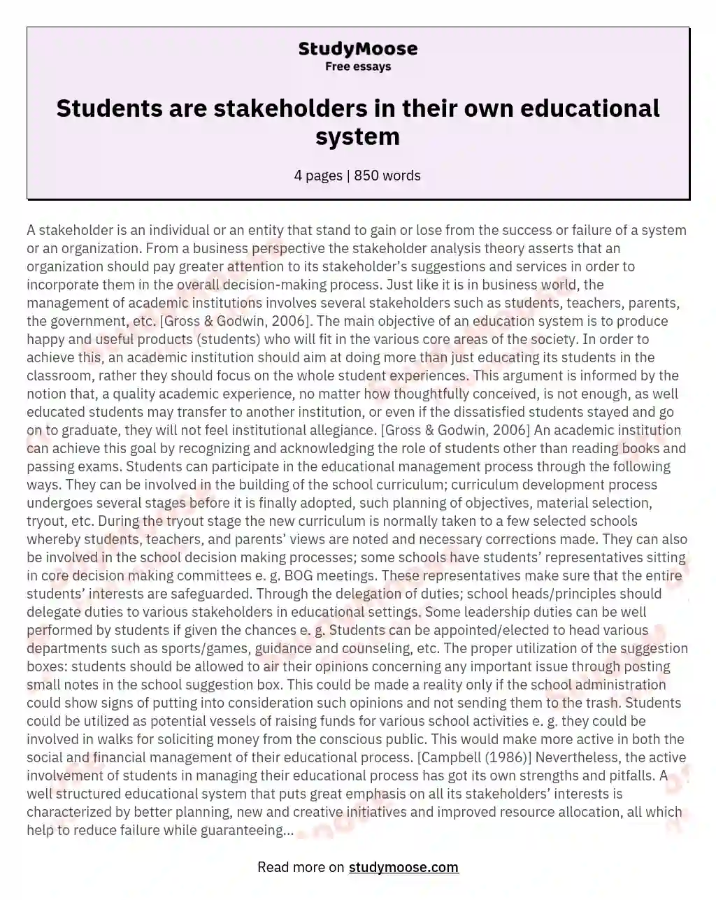 Students are stakeholders in their own educational system essay