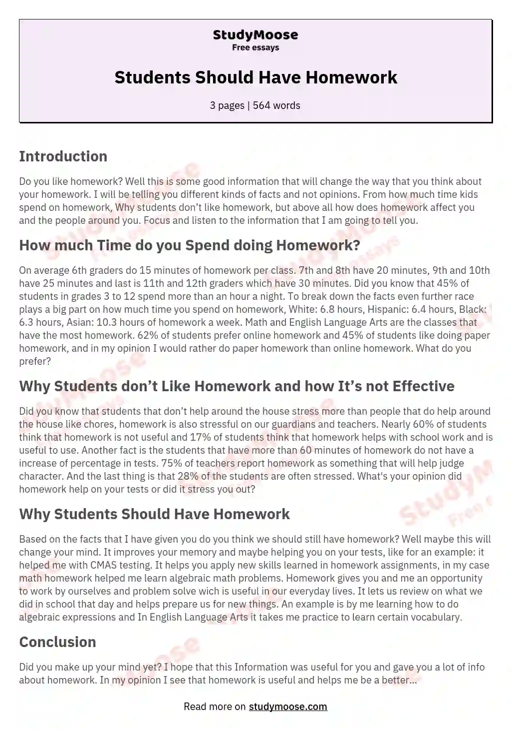 student should have less homework essay
