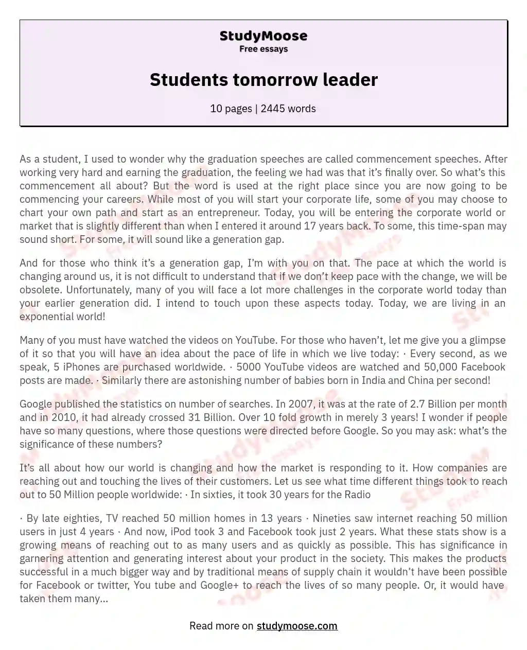 Students tomorrow leader essay